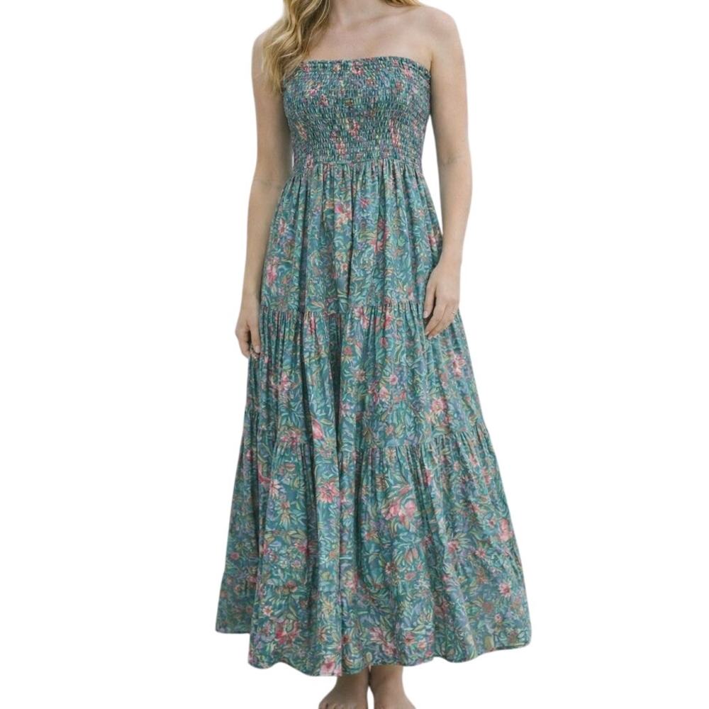 Boho Maxi Smocked Floral Dress Womens Small Resortwear Lightweight Chic